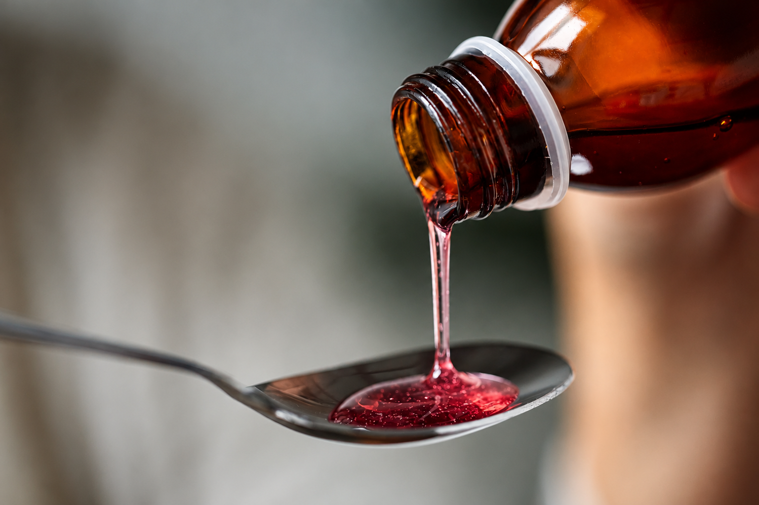 Promethazine codeine syrup bottle displayed alongside a precise medical measuring cup