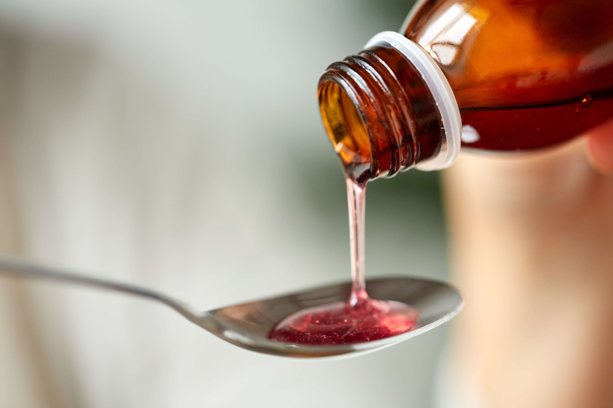 Front view bottle of codeine cough syrup for severe cough relief