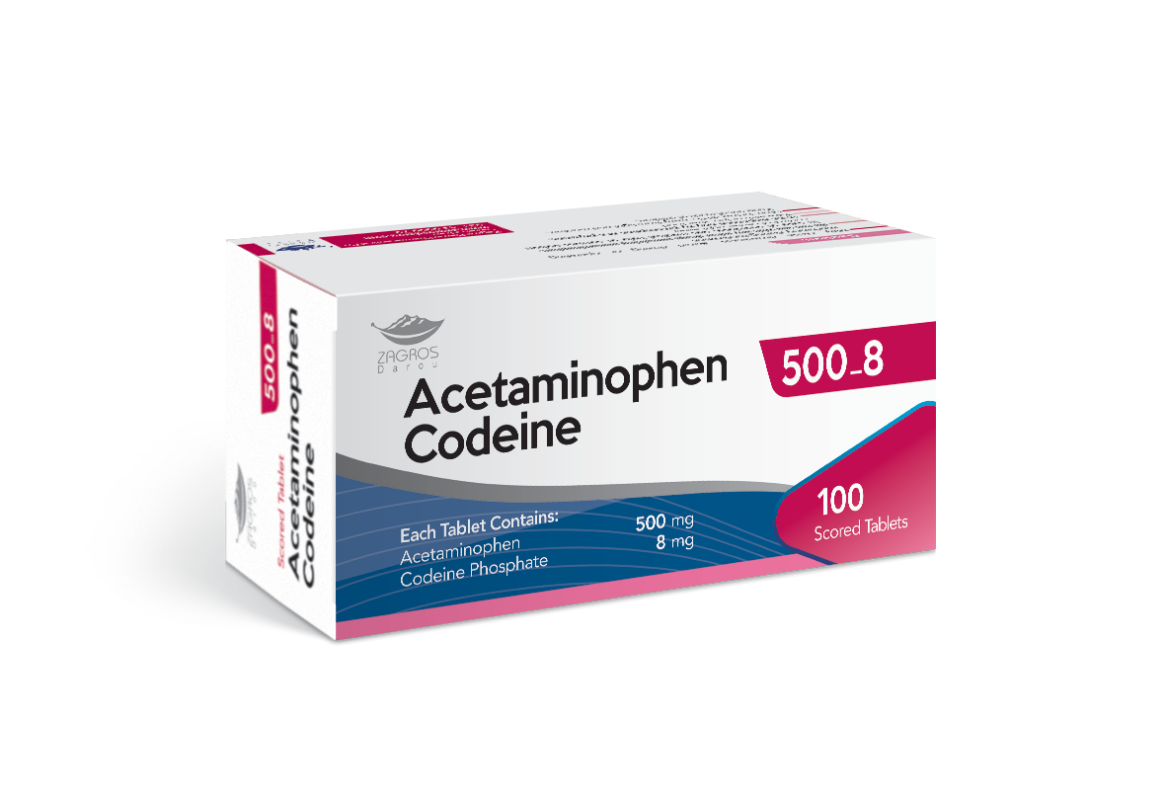 Acetaminophen with codeine tablets bottle for moderate pain relief on white background