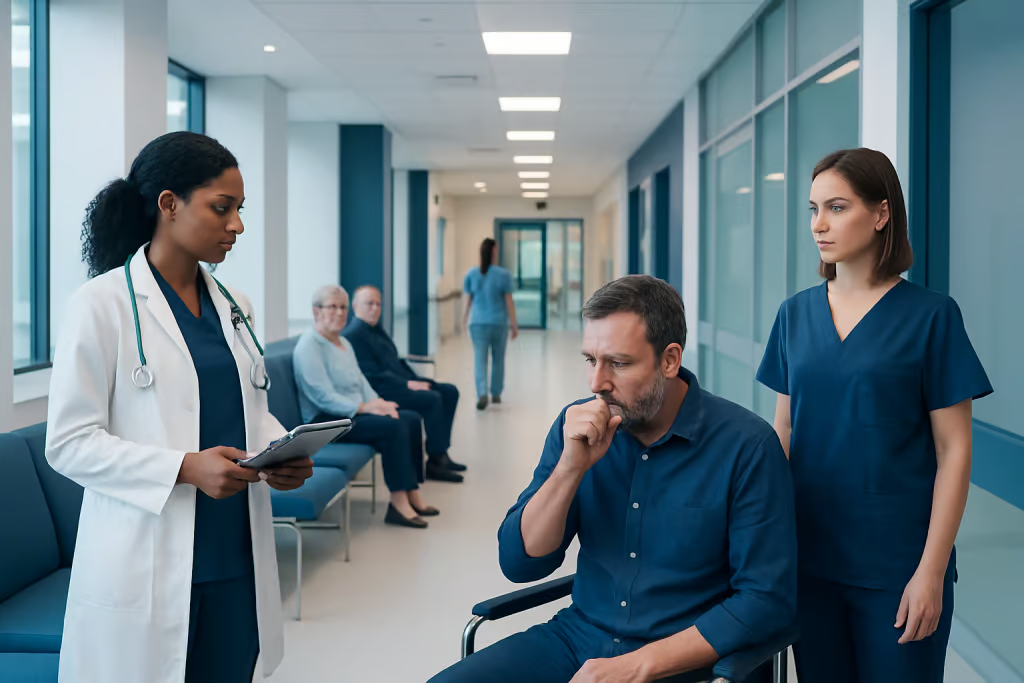 Pharmacist explaining how prescription required cough medicine with codeine provides throat relief
