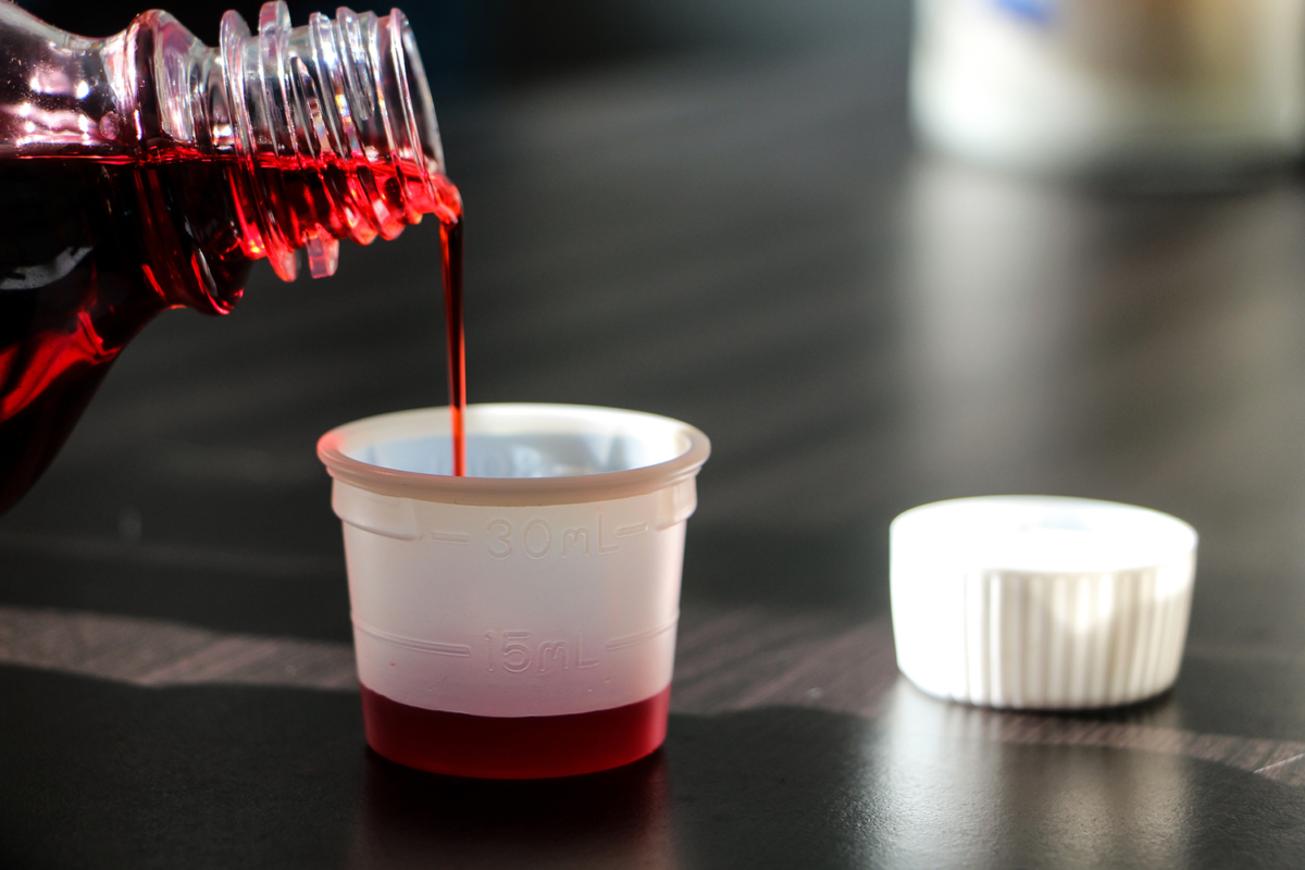 Front view bottle of codeine cough syrup for severe cough relief