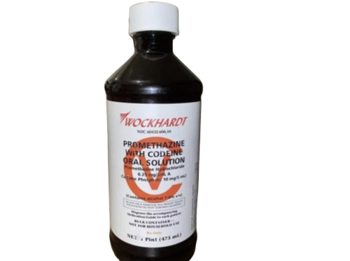 Bottle of prescription syrup containing promethazine with codeine for severe cough cold relief.