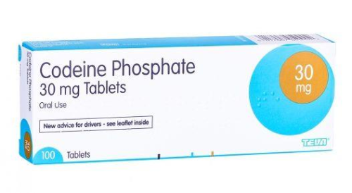 Box of codeine phosphate 30mg oral tablets for acute pain management