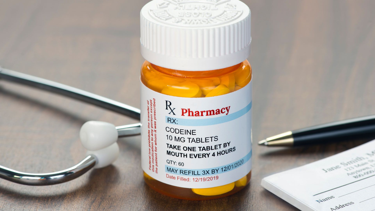 Codeine phosphate tablets package for prescription pain management