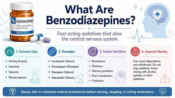 Comprehensive benzodiazepines list showing prescription bottle bottles and medication tablets