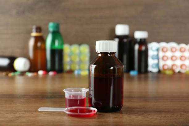 Bottle of cough syrup with codeine for severe dry cough relief