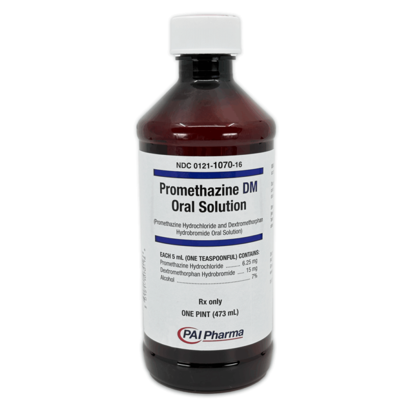 Promethazine DM syrup bottle with measuring cup for accurate oral solution administration