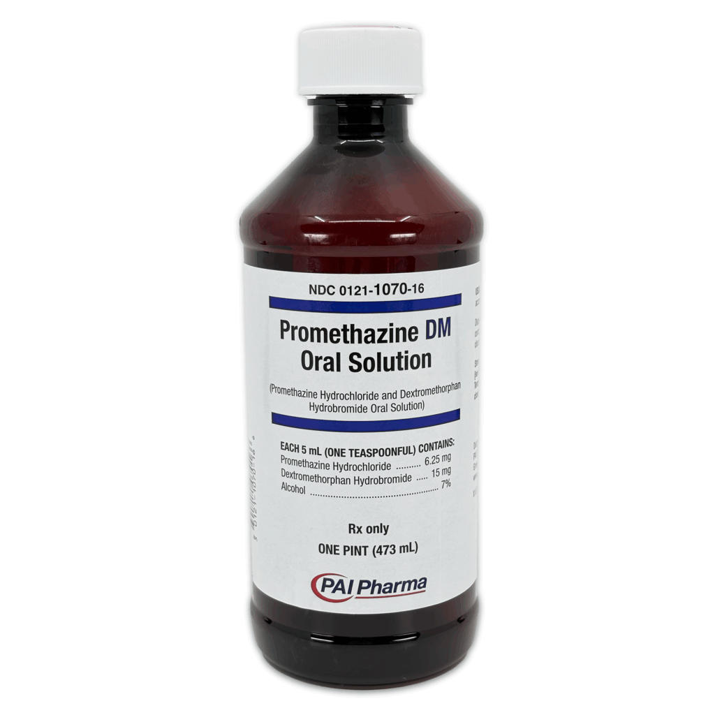 Promethazine DM syrup bottle with measuring cup for accurate oral solution administration