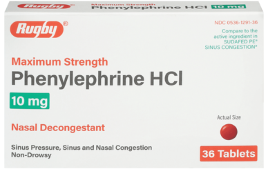 Box of phenylephrine hcl 10mg oral tablets for nasal decongestant relief at Trusted Meds Store